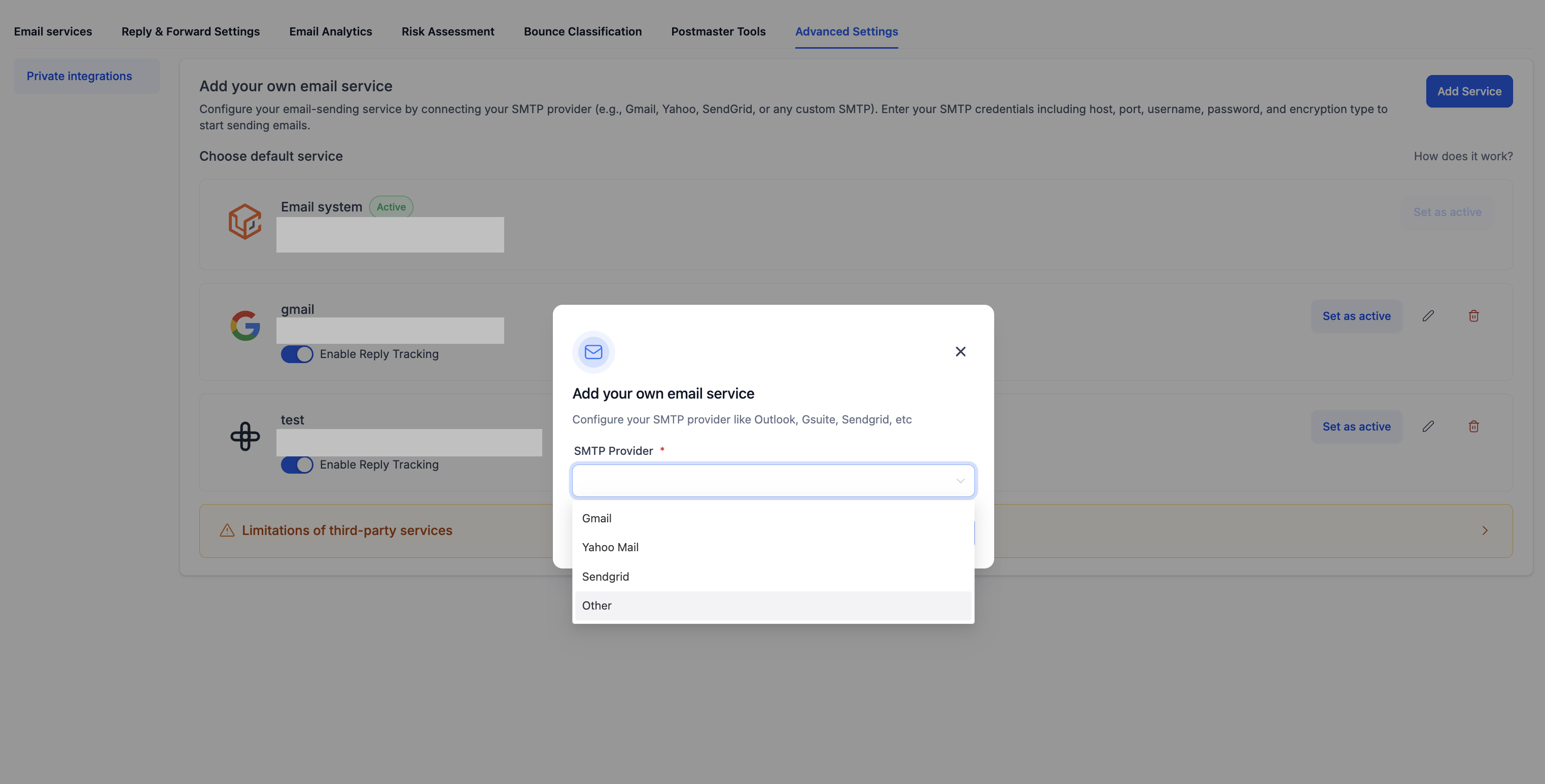 Scegli il tuo provider SMTP dal menu a tendina