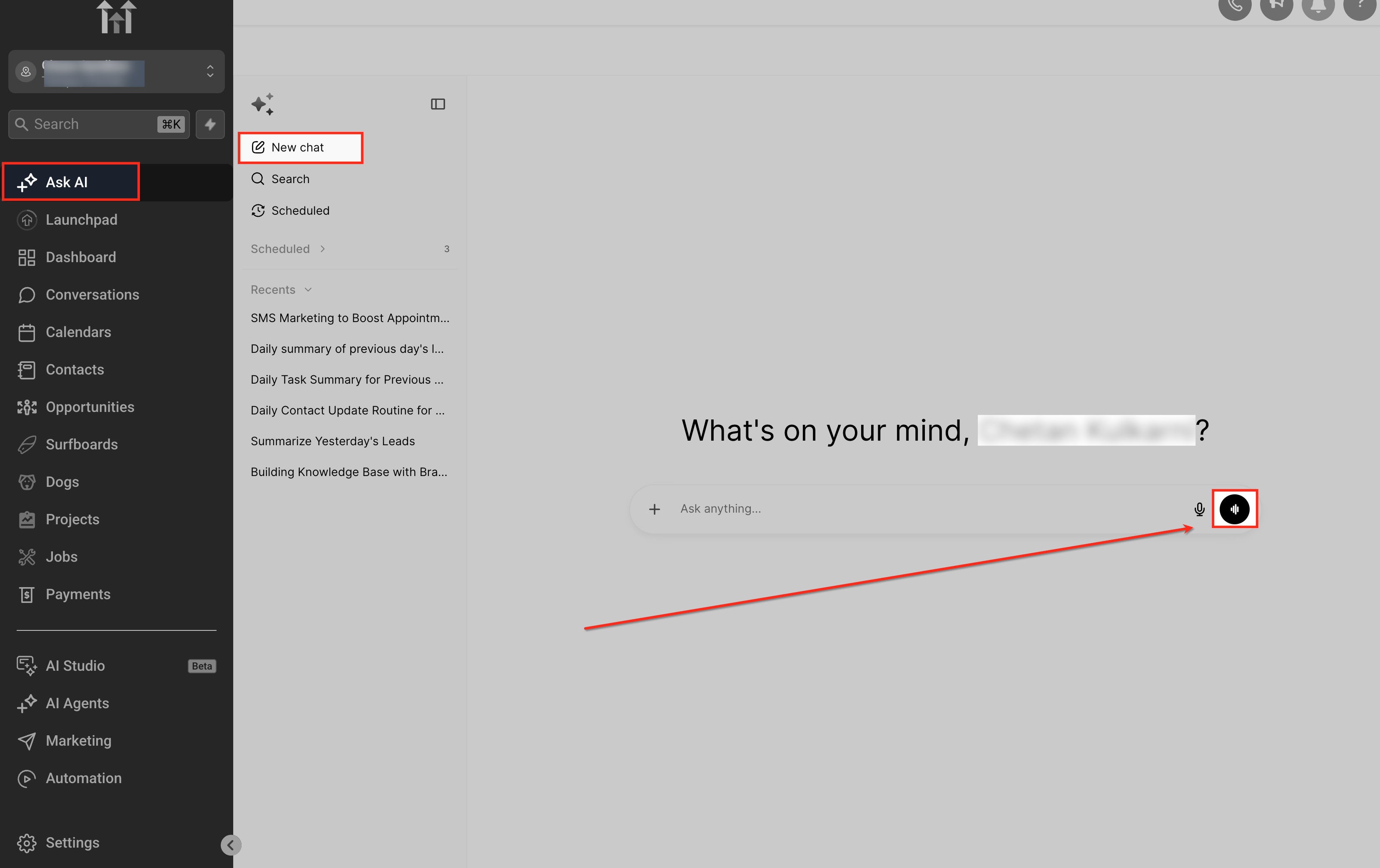 Schermata della configurazione della modalità vocale di Ask AI