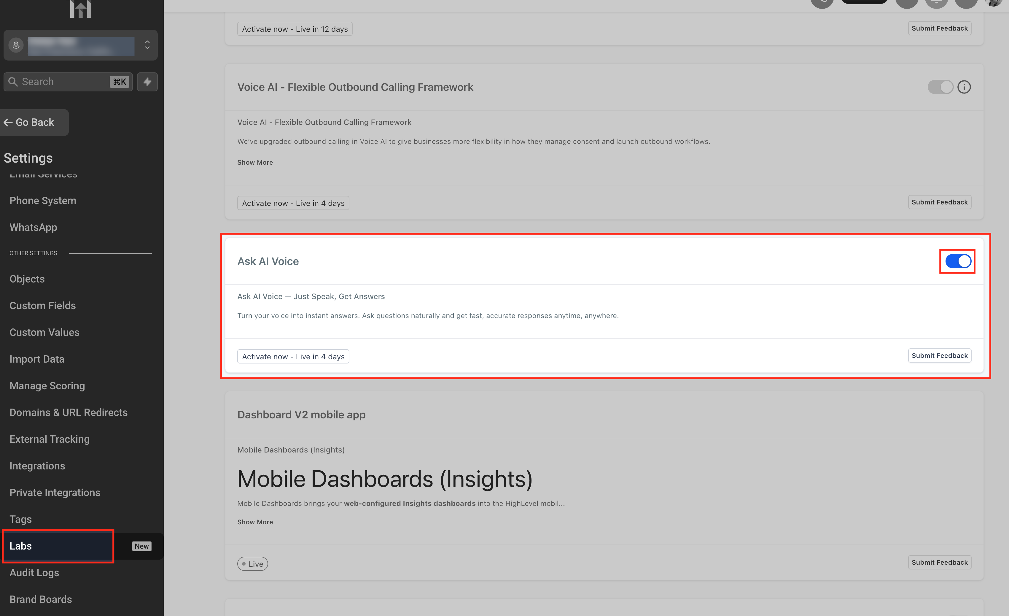 Schermata delle impostazioni Labs per la modalità vocale di Ask AI