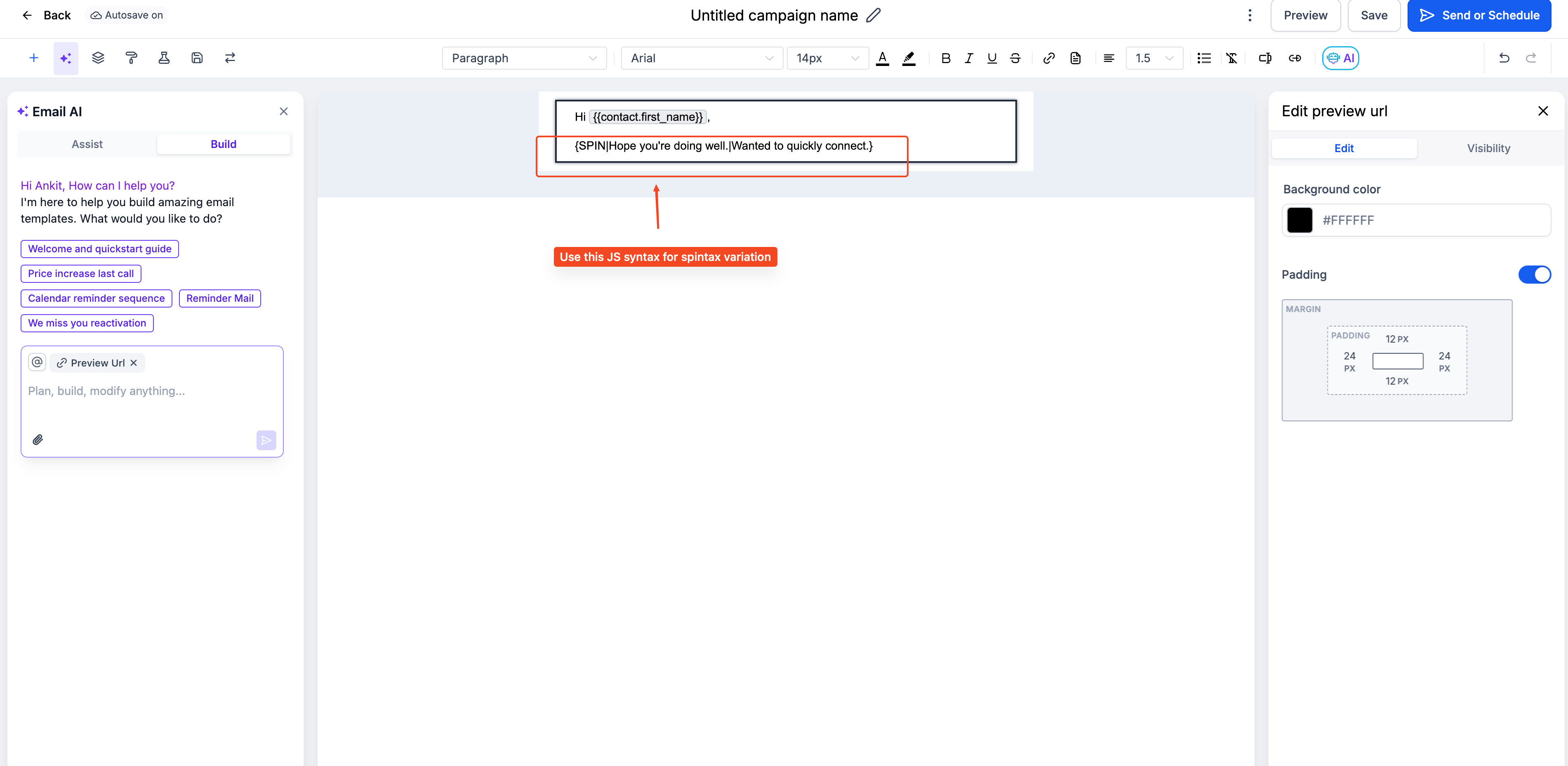 Esempio di Spintax nell'editor email