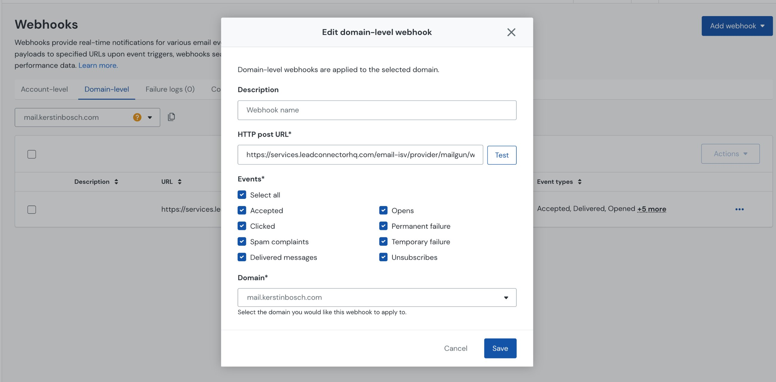 Schermata di aggiunta webhook in Mailgun