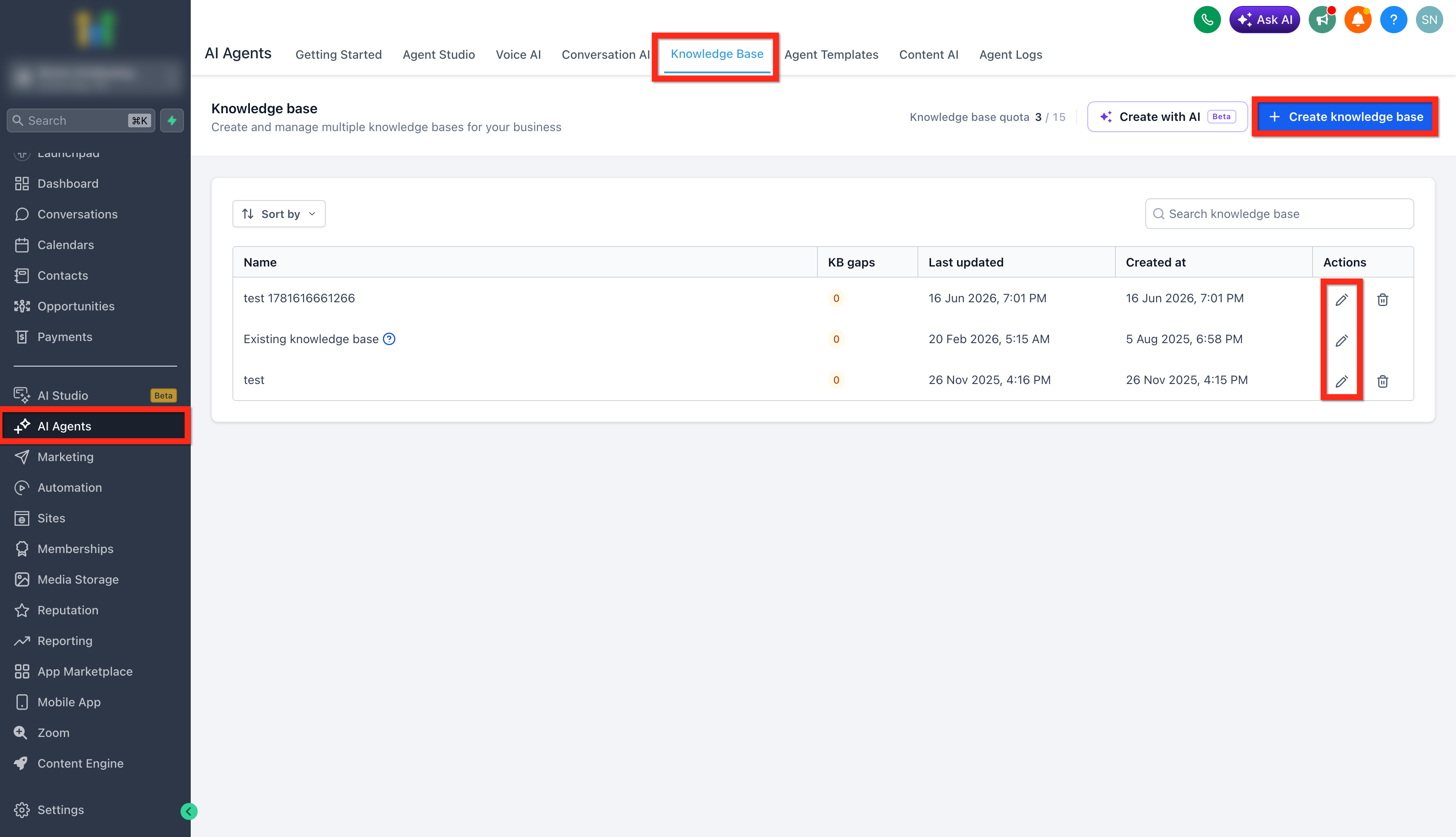 Schermata della Knowledge Base