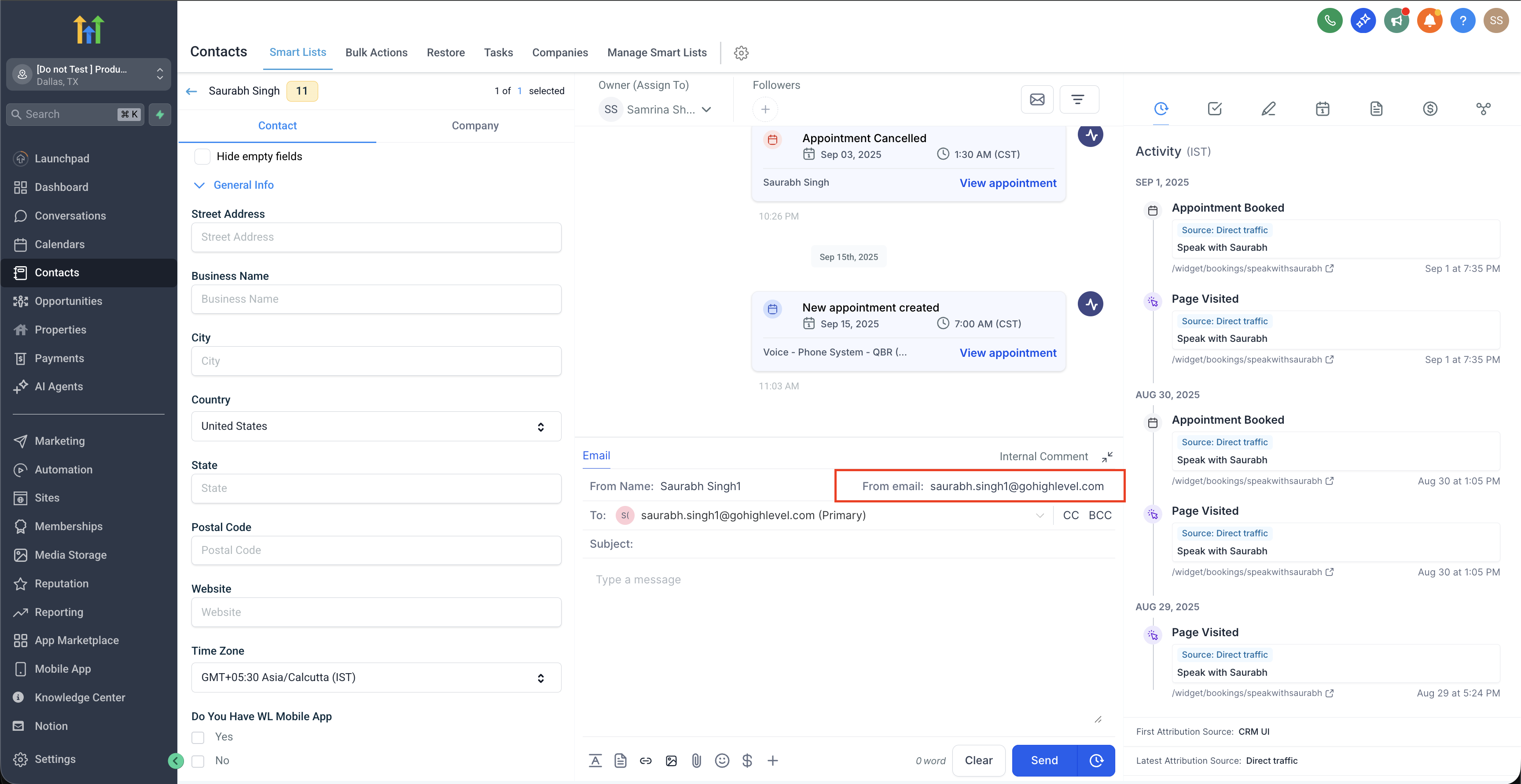 Scheda Conversazioni — l'email mittente usa di default quella dell'utente loggato