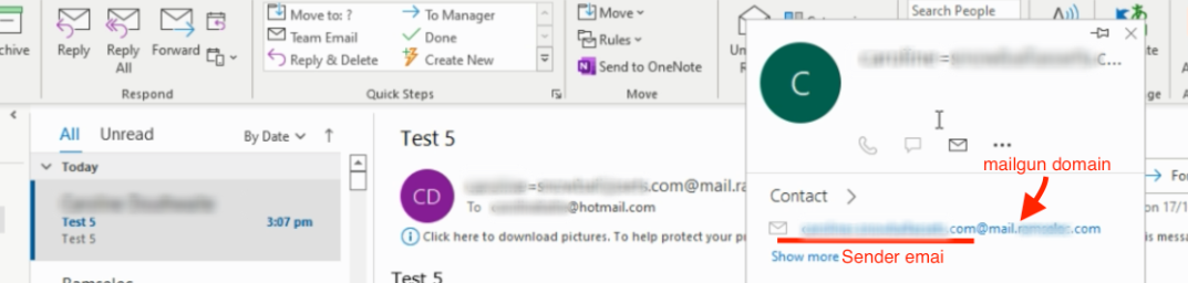 Visualizzazione Outlook con 'inviato da' su un mittente