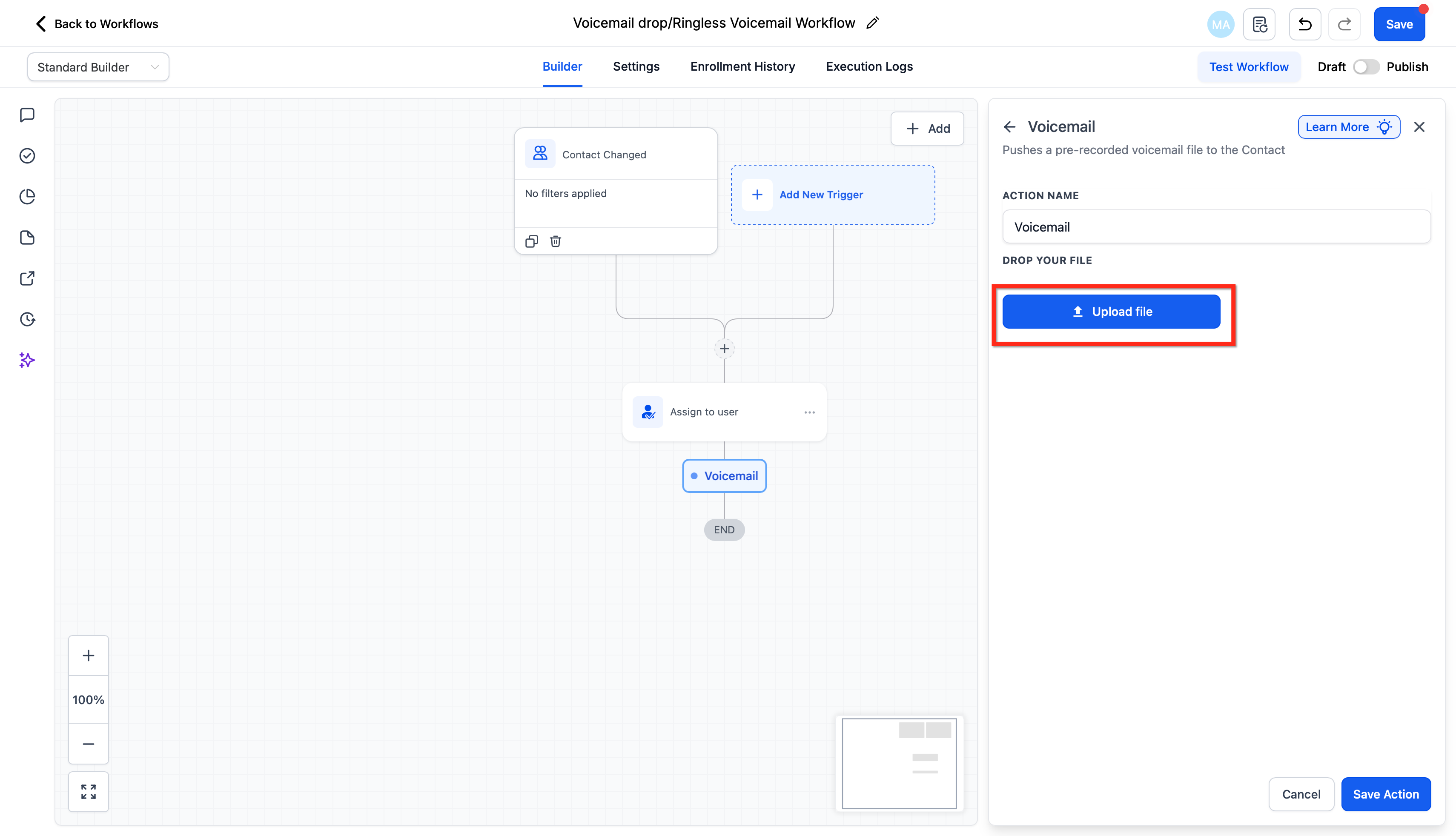 Aggiunta dell'azione Voicemail nel Workflow