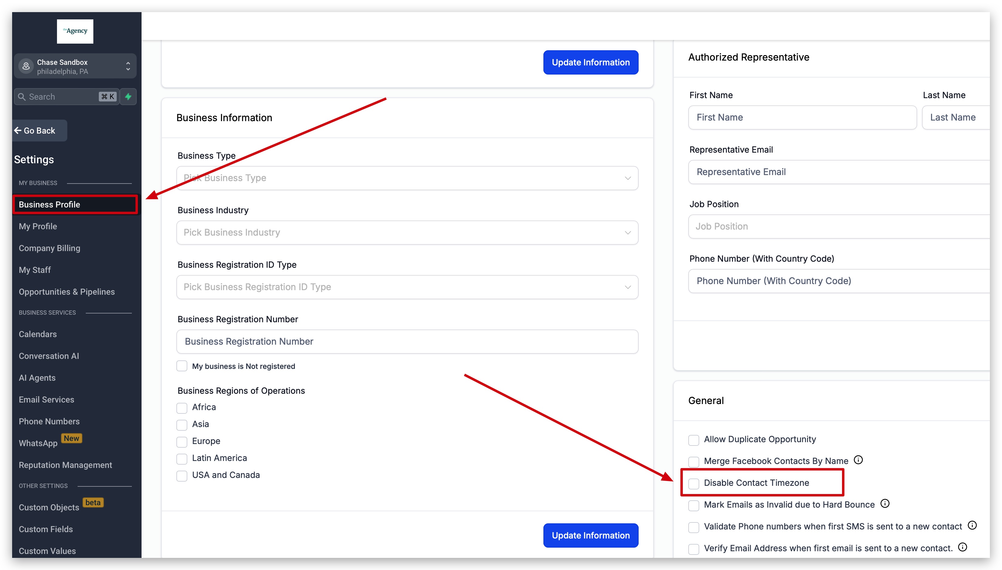 Impostazione Disable Contact Timezone nel Profilo Aziendale