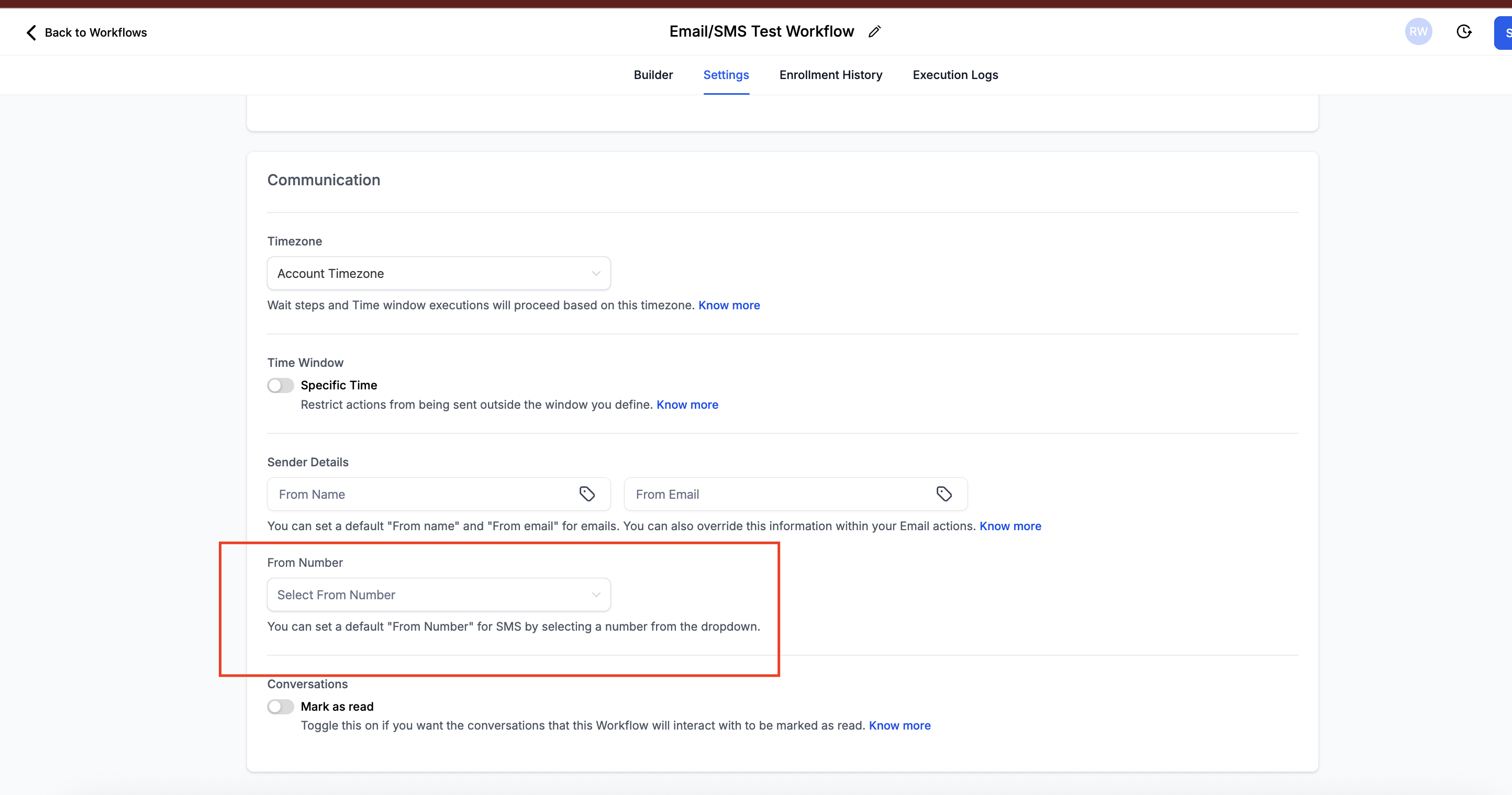 Schermata selezione numero mittente nel builder Workflow
