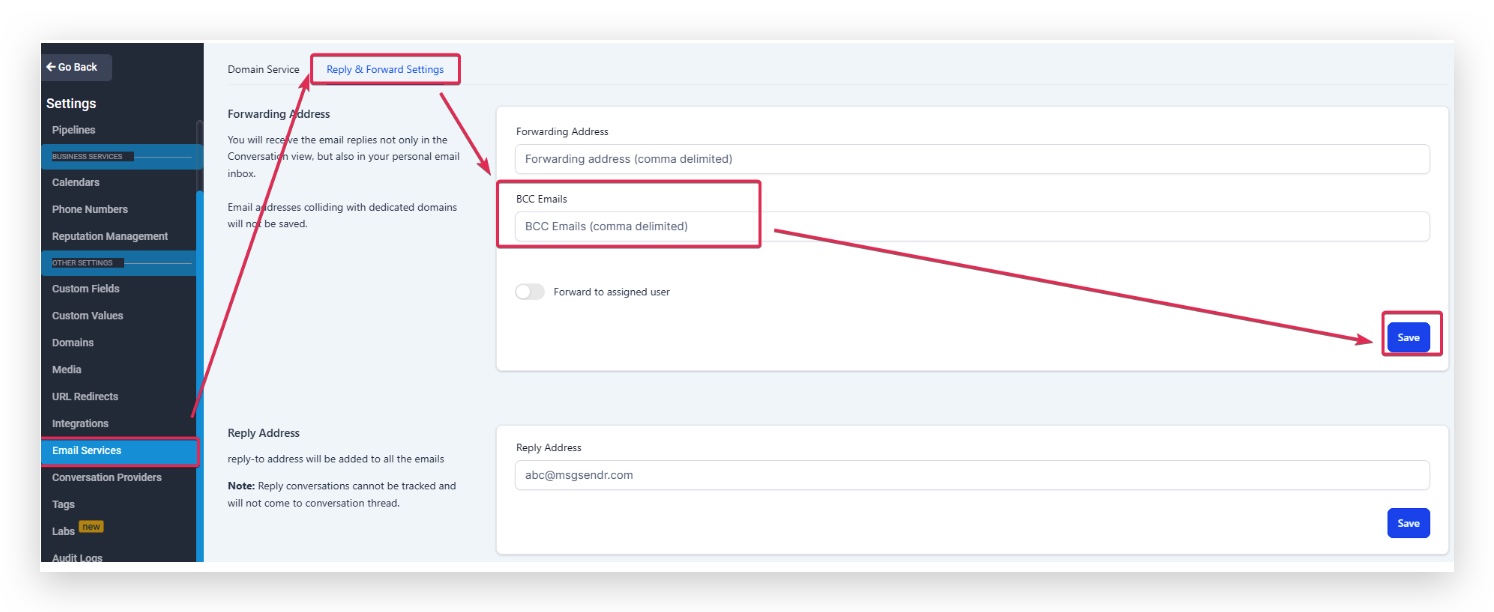 Configurazione BCC email