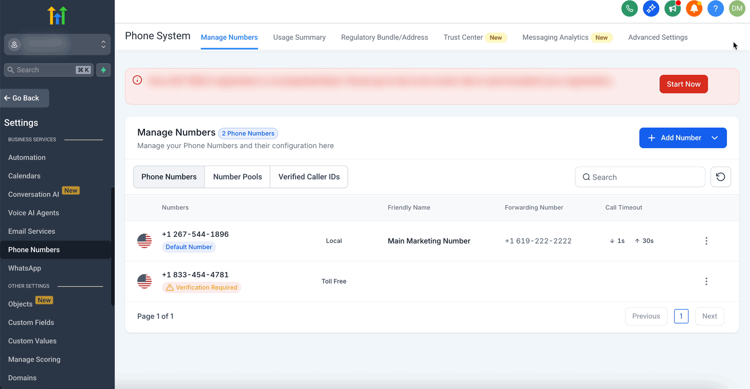 Animazione che mostra come abilitare Call Connect nelle impostazioni del numero di telefono