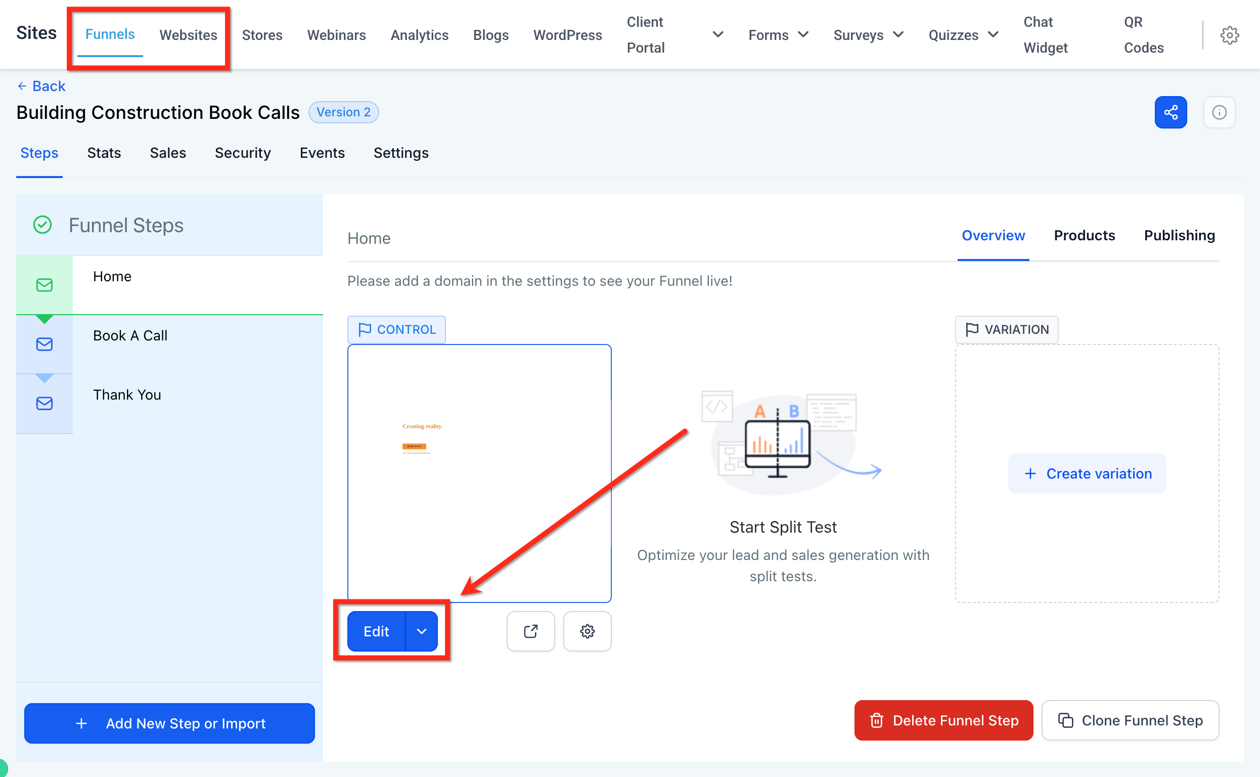 Apertura della pagina nel Website Builder