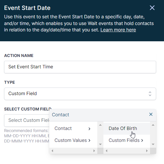 Selezione di un Campo Data personalizzato per l'azione Imposta Data di Inizio Evento