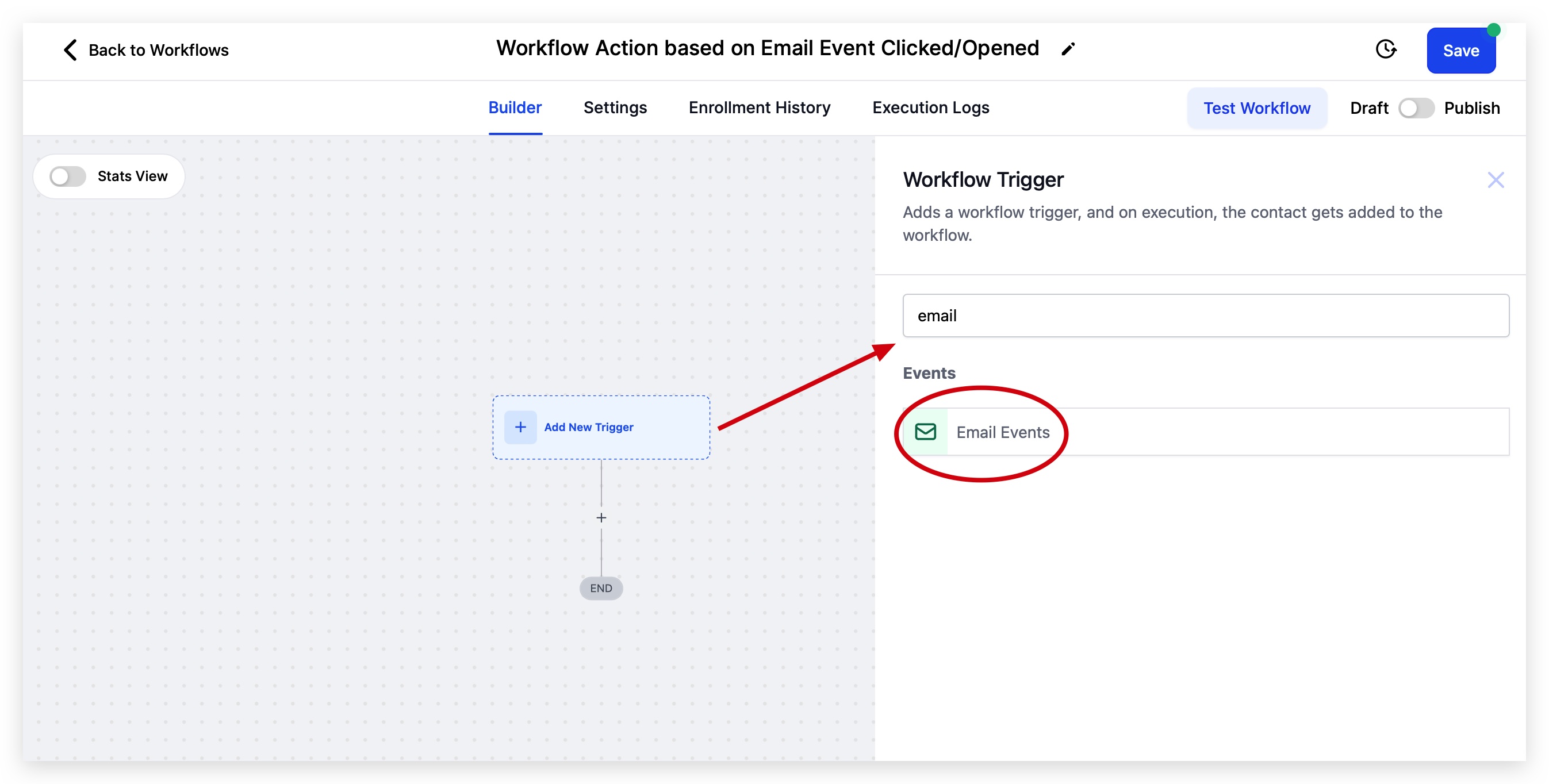 Cerca email nel selettore di trigger del Workflow