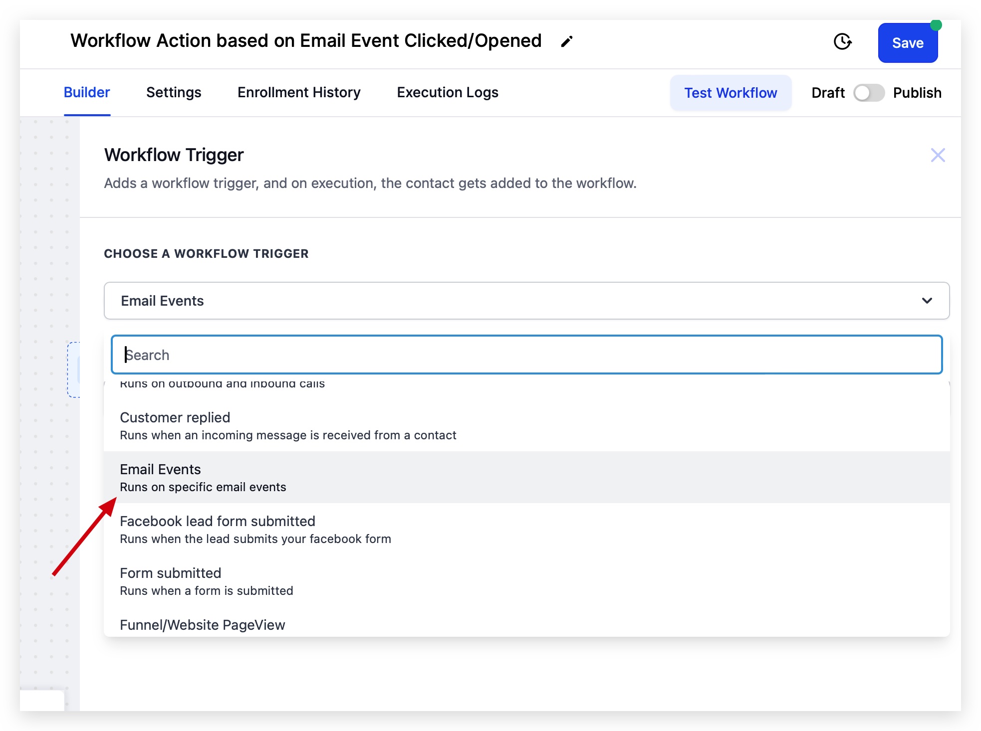 Seleziona Email Events dal menu a tendina
