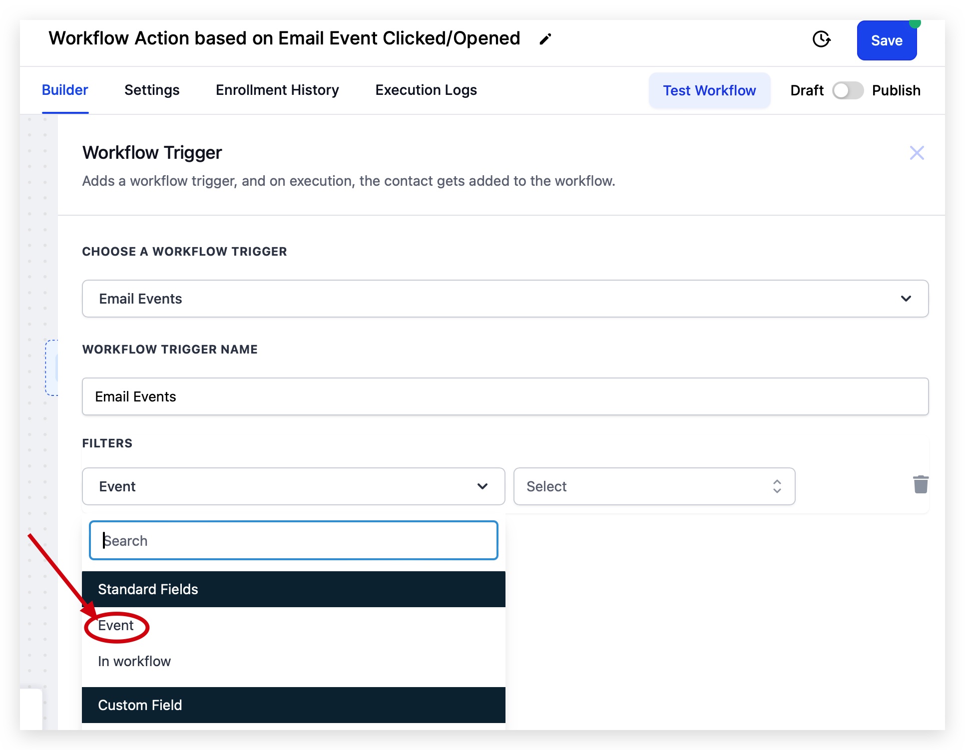 Seleziona Email Events poi Evento