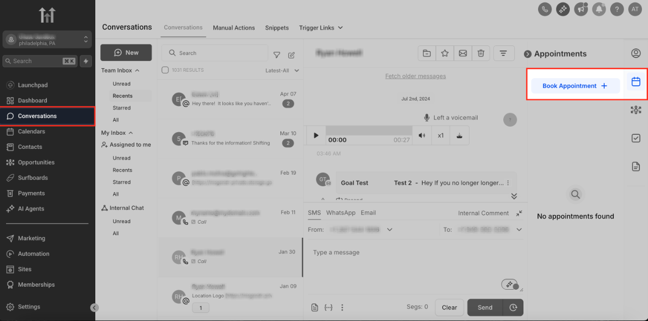 Pulsante Prenota appuntamento nella scheda Conversazioni