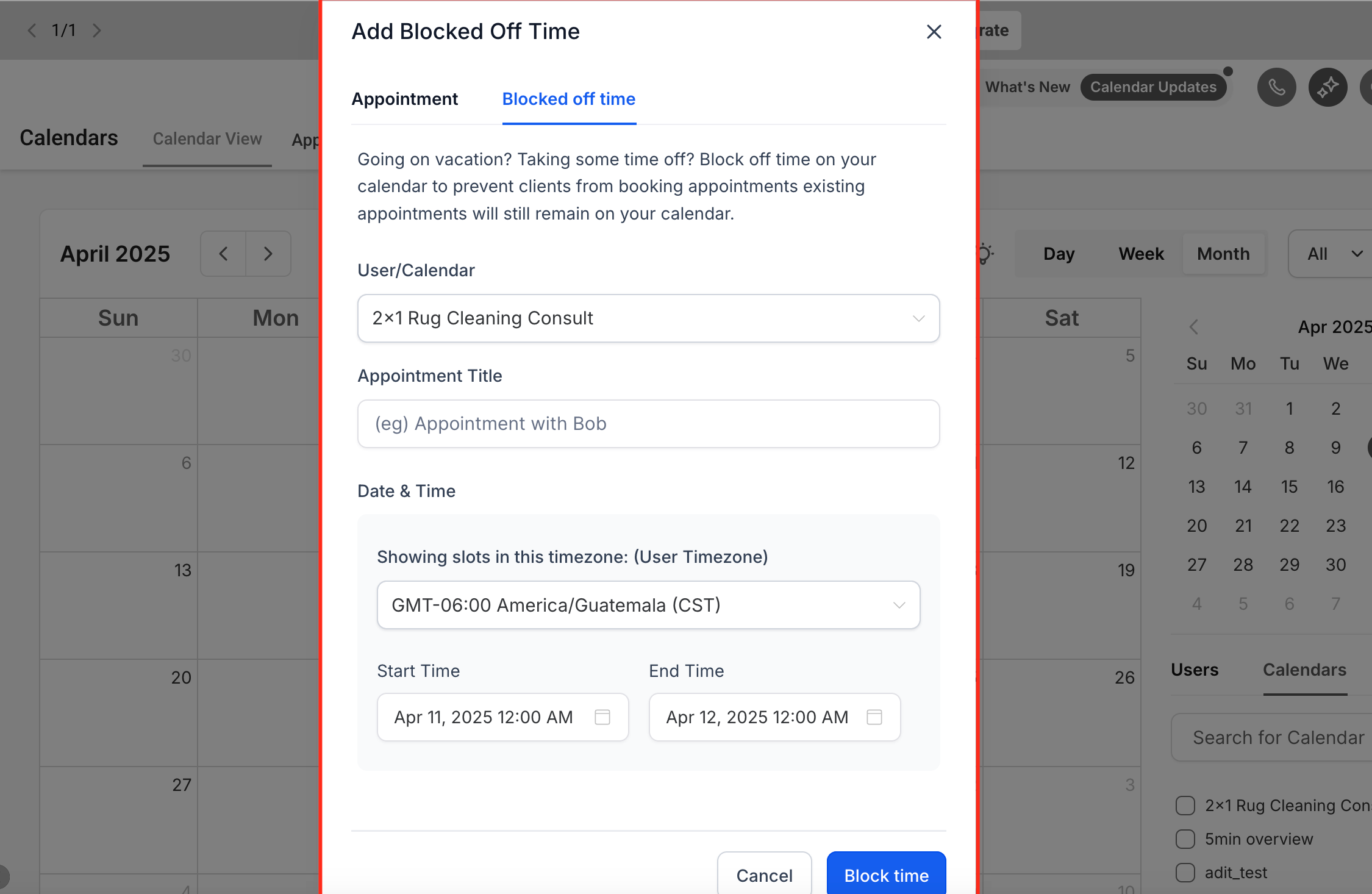 Scheda Tempo bloccato nel modal di prenotazione