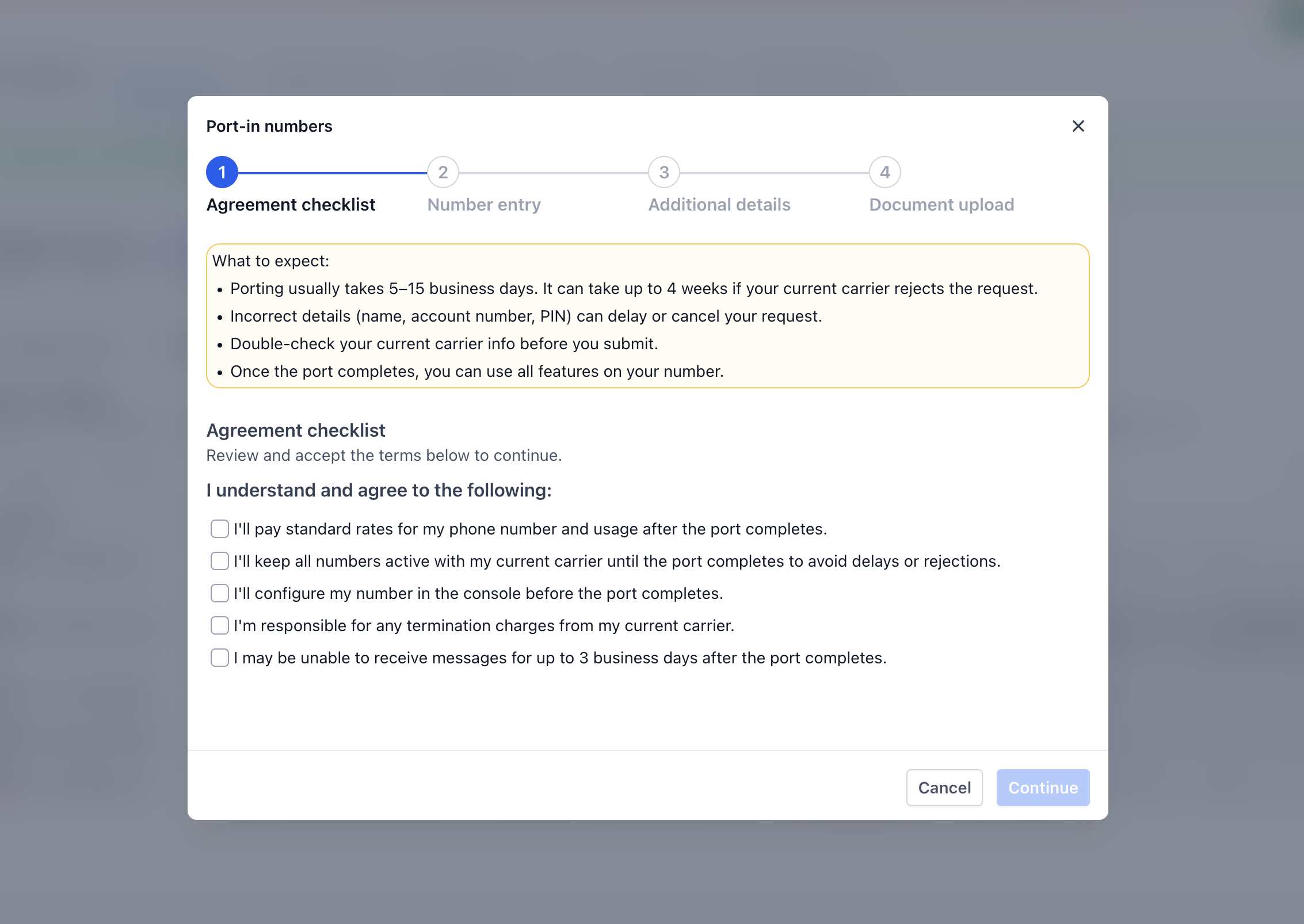 Schermata checklist di accettazione portabilità