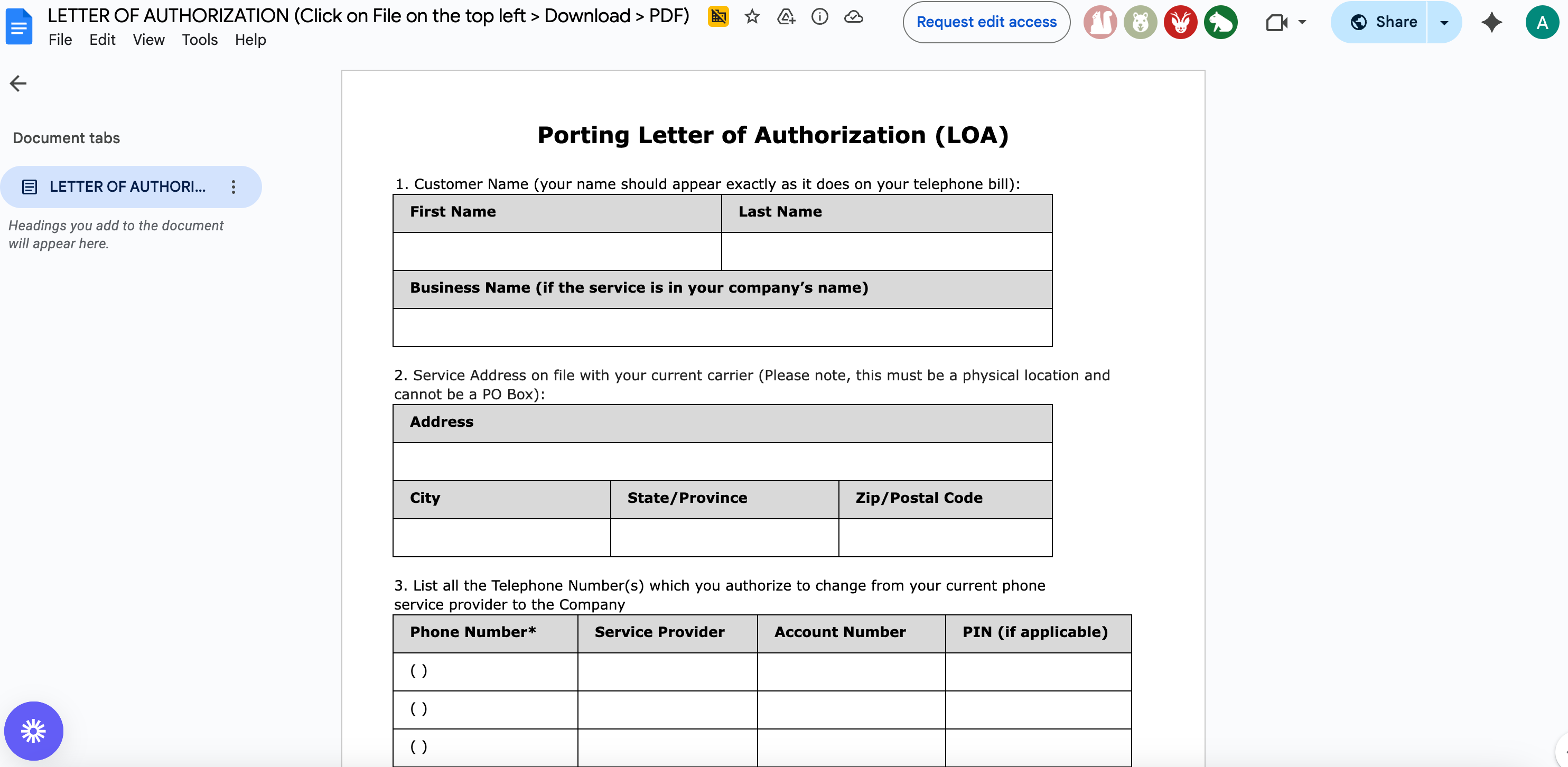 Esempio di Lettera di Autorizzazione (LOA)