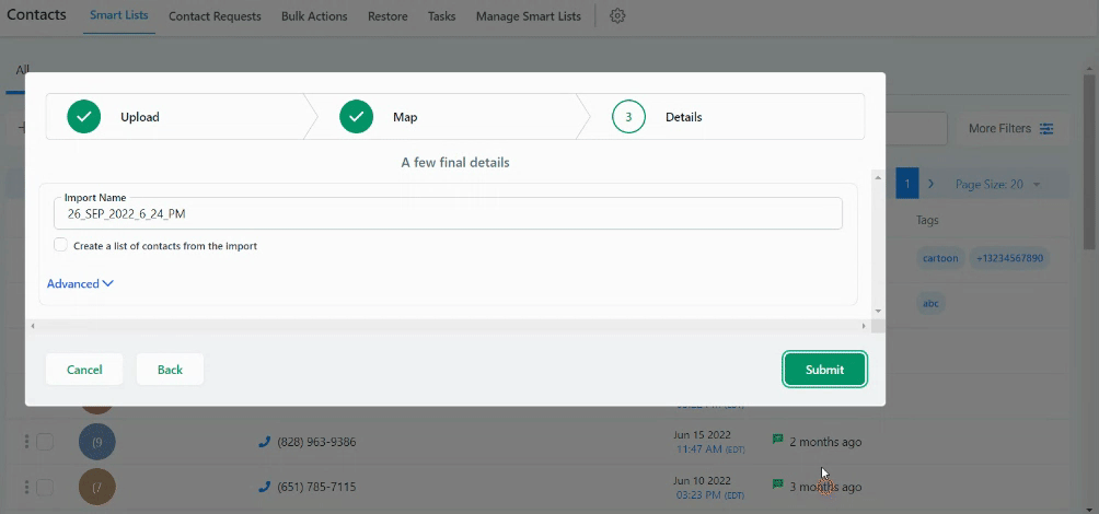 Animazione: aggiunta tag tramite opzioni avanzate dell'importazione CSV
