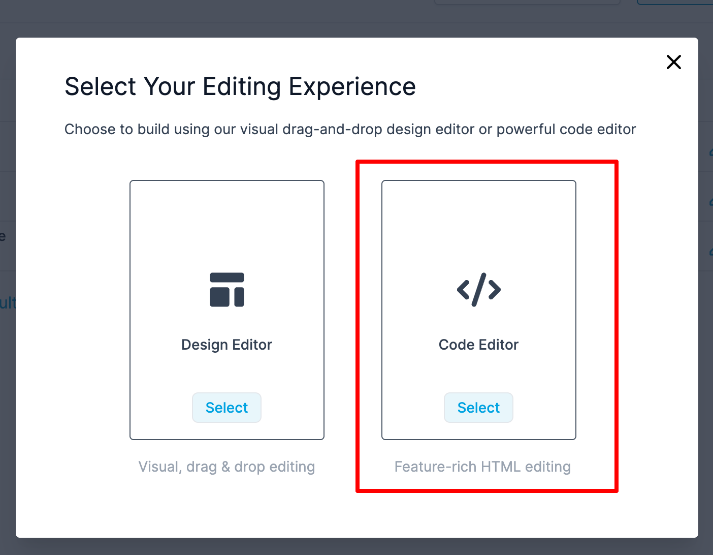 Finestra popup con scelta tra Design Editor e Code Editor