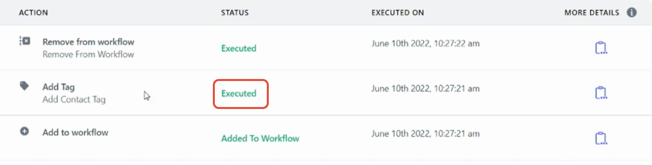 Log di esecuzione del Workflow con Tag aggiunto