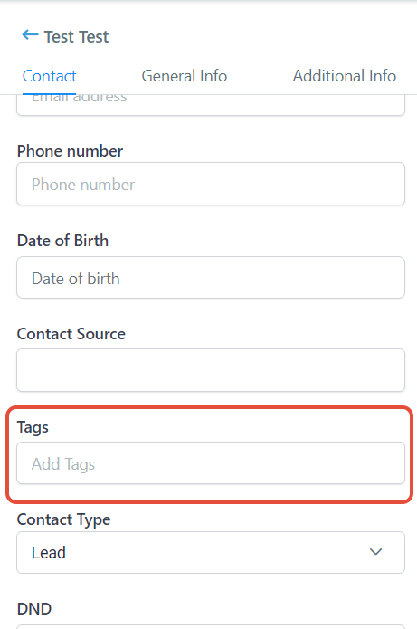 Scheda contatto senza Tag applicato