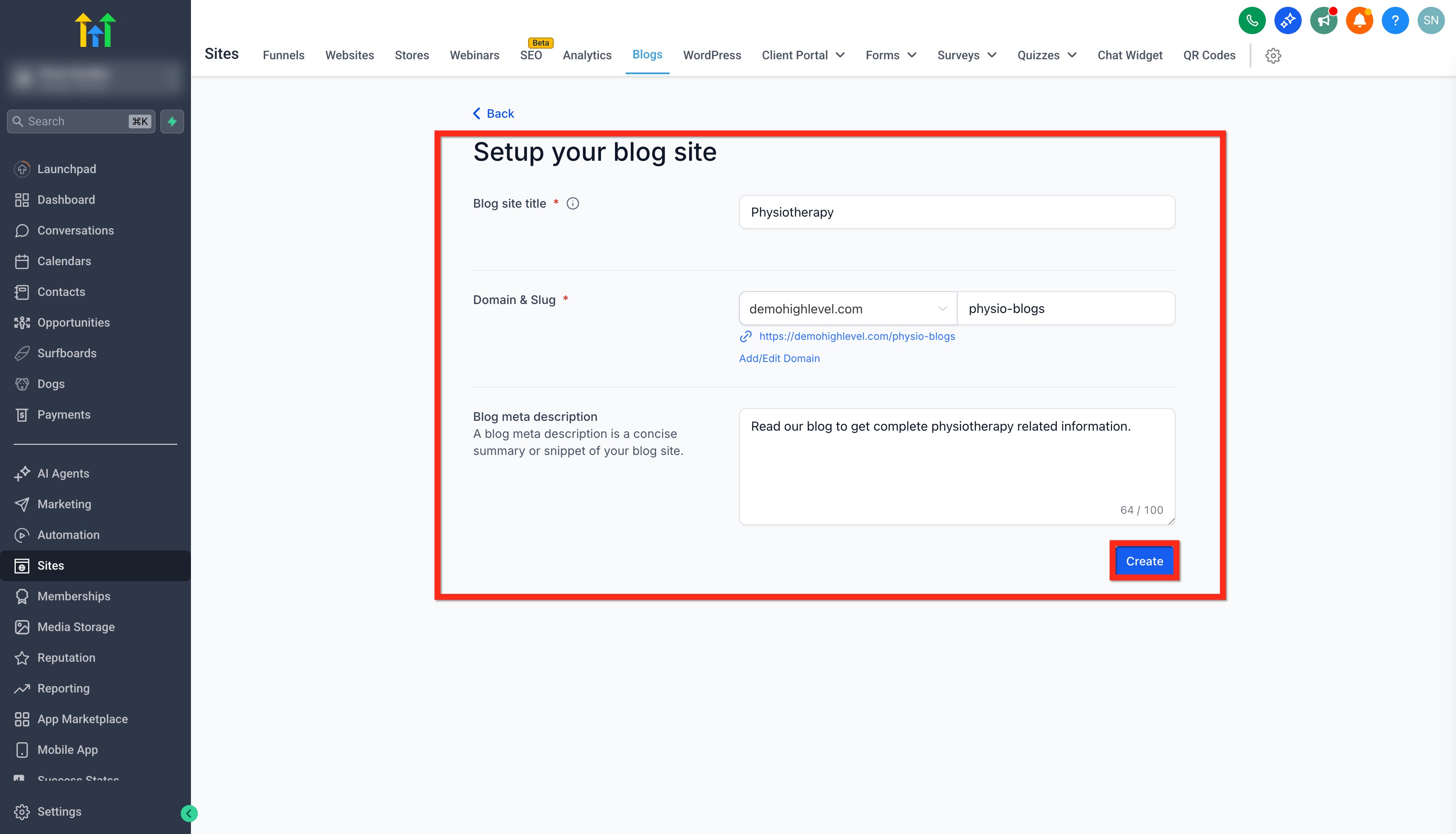 Schermata dettagli sito blog