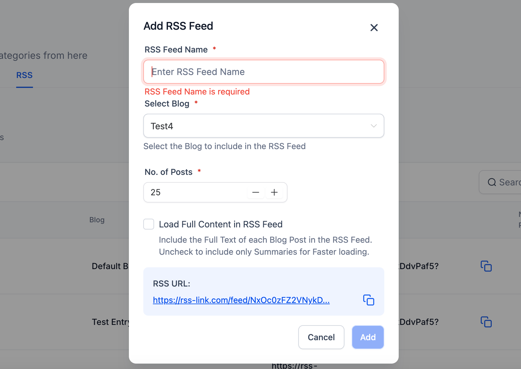 Finestra di configurazione per aggiungere un RSS Feed