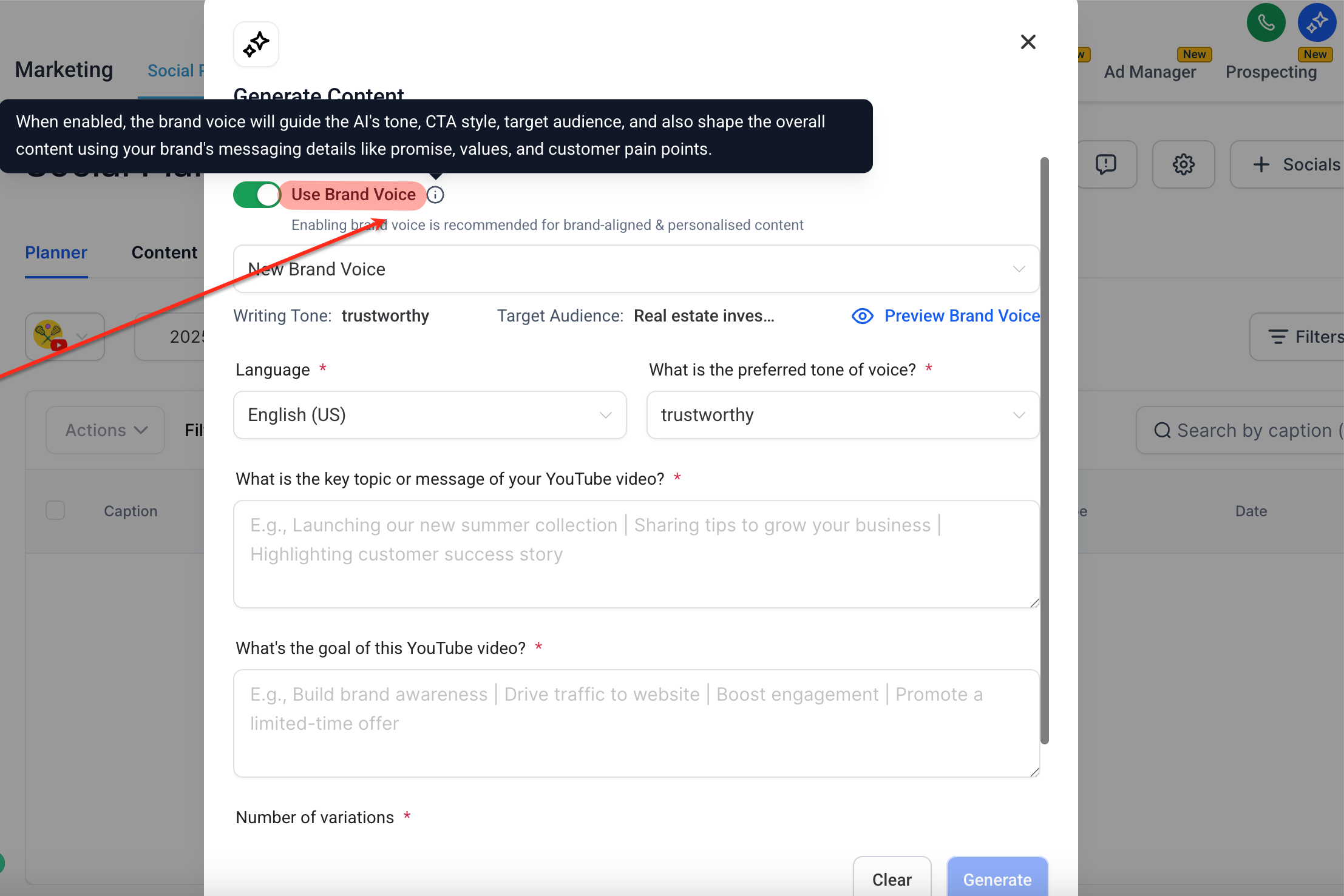Campi Brand Voice compilati automaticamente in Content AI