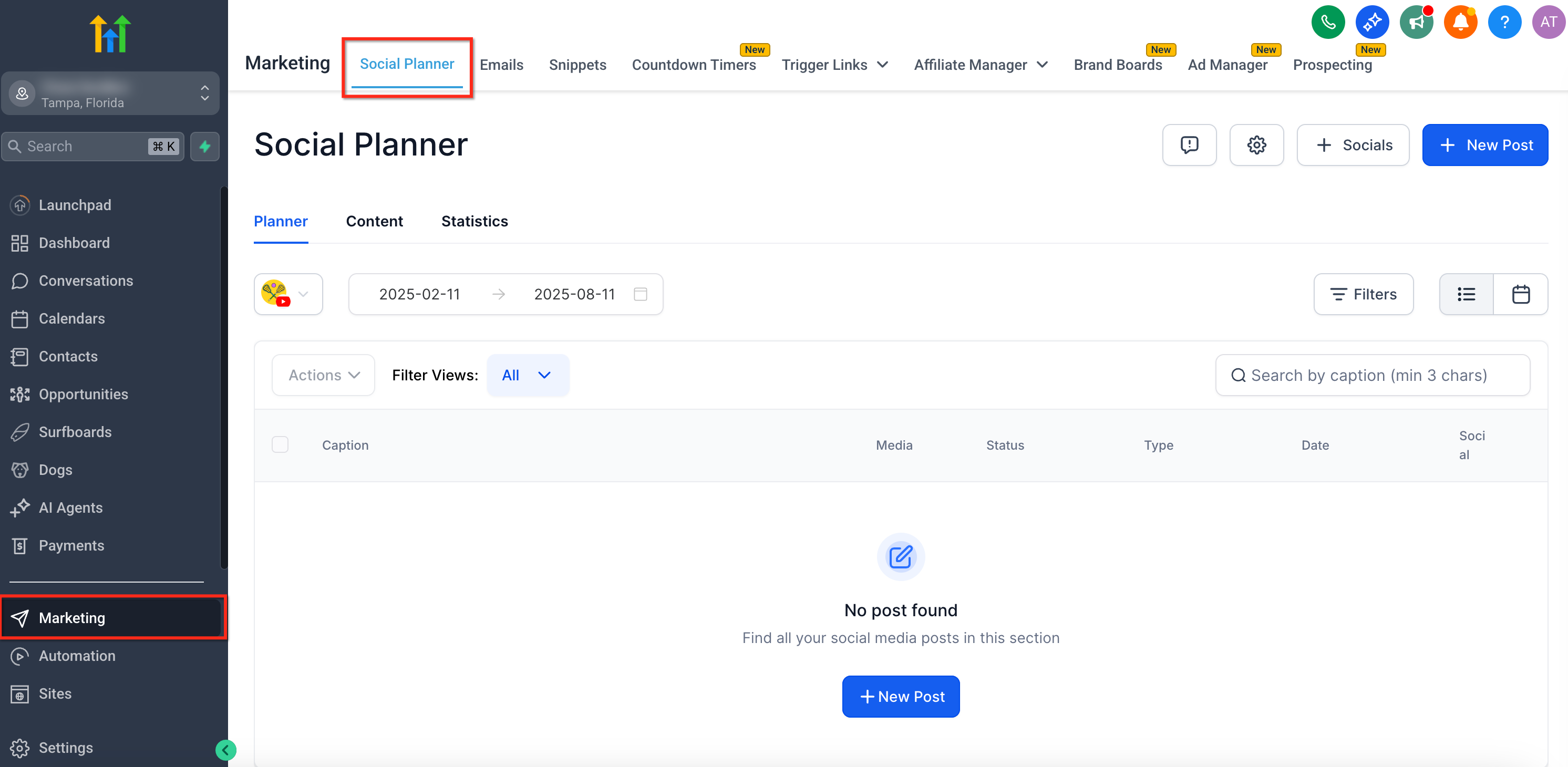 Sezione Marketing con Social Planner nella dashboard di GoHighLevel / Squadd