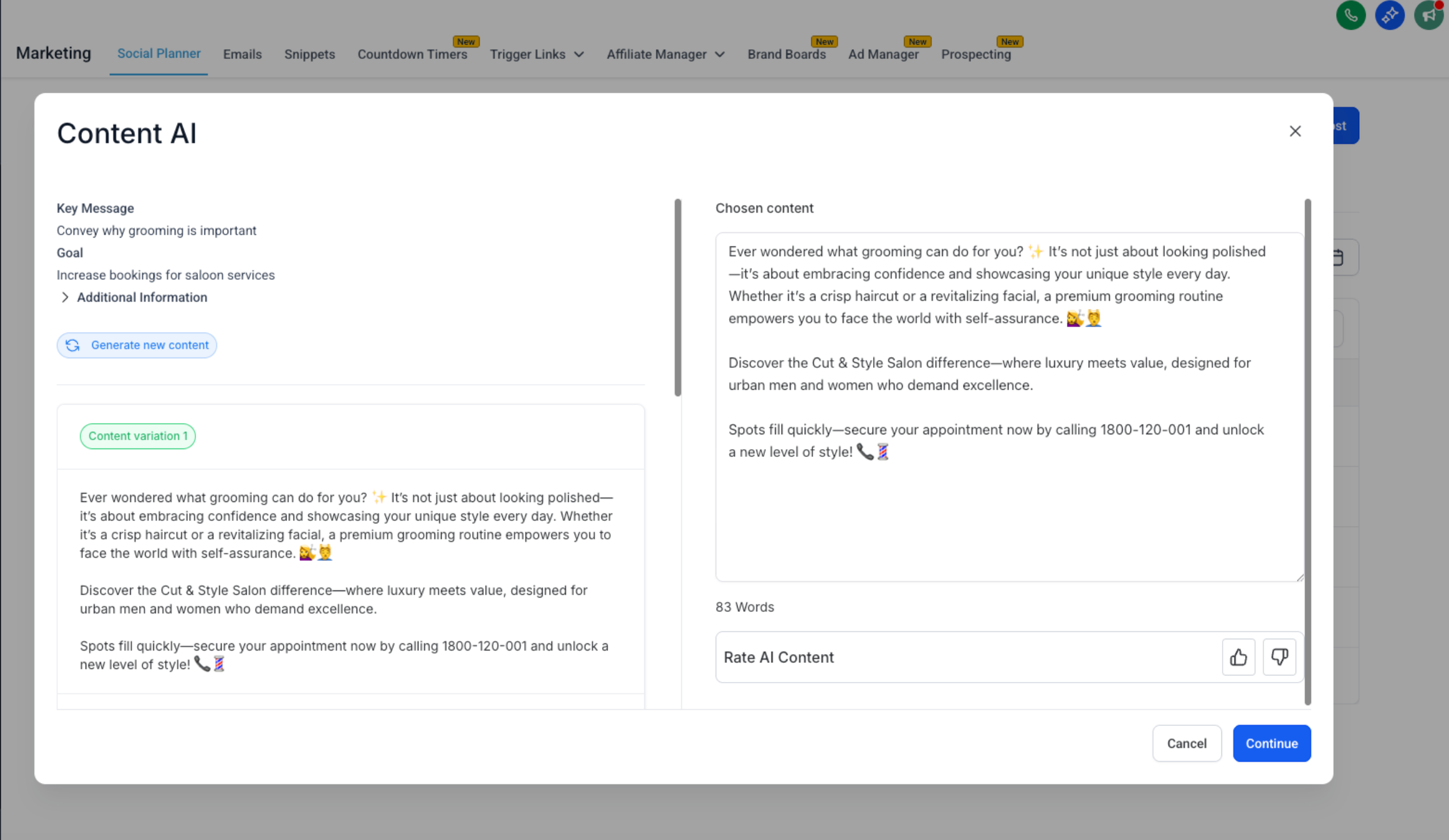 Anteprima del contenuto generato da Content AI nel Social Planner