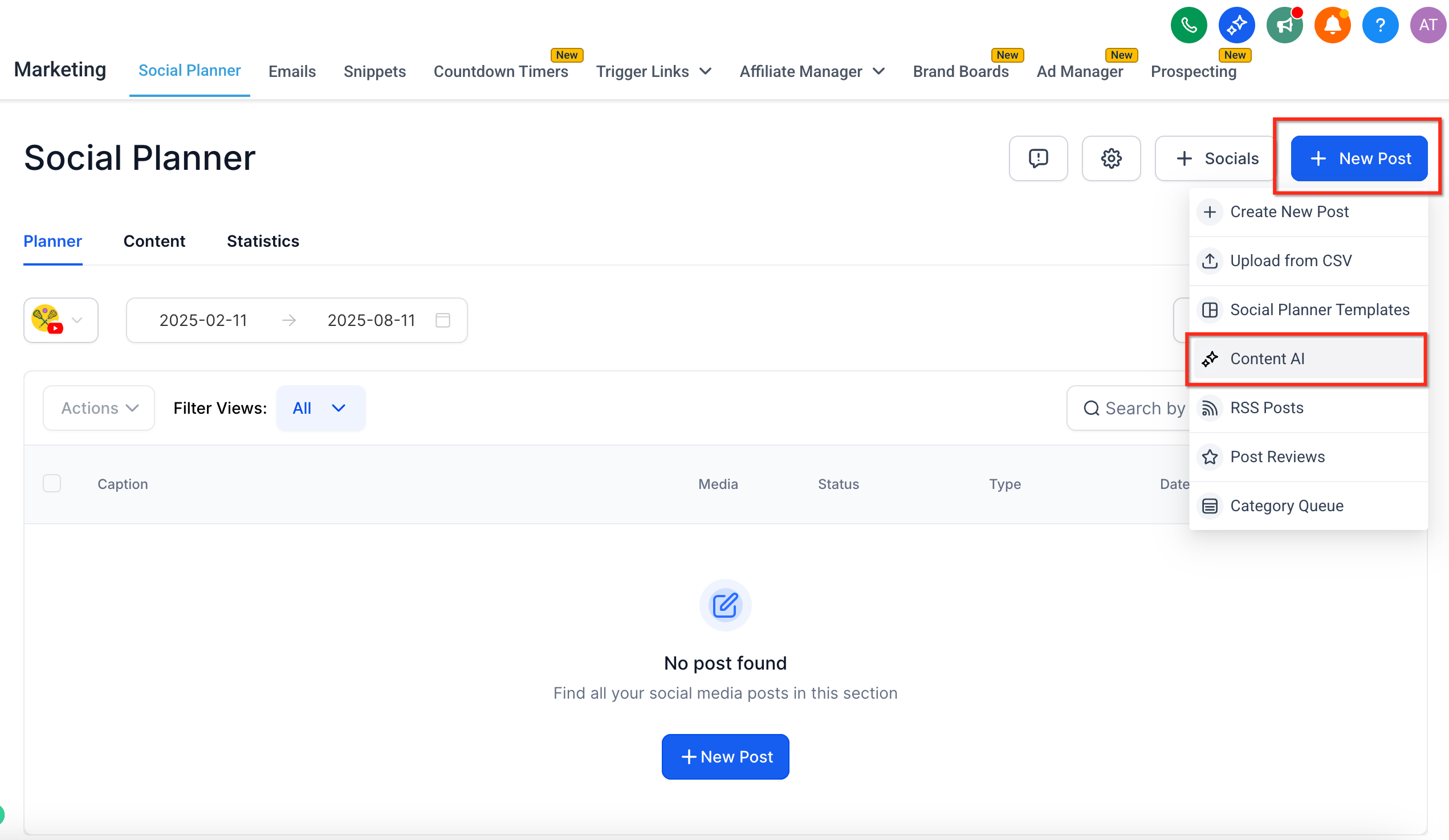 Menu a tendina Nuovo post con opzione Content AI nel Social Planner