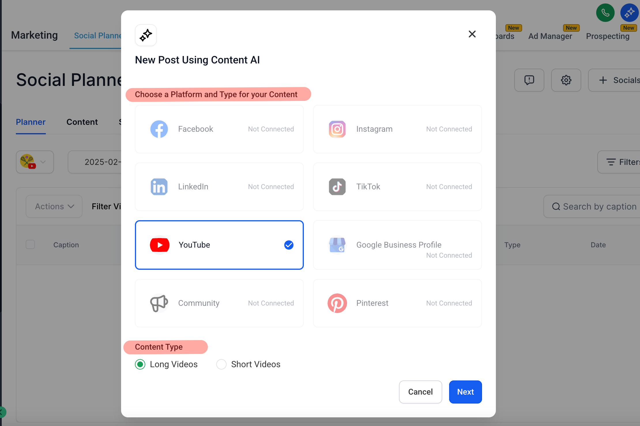 Selezione della piattaforma social e del tipo di contenuto in Content AI