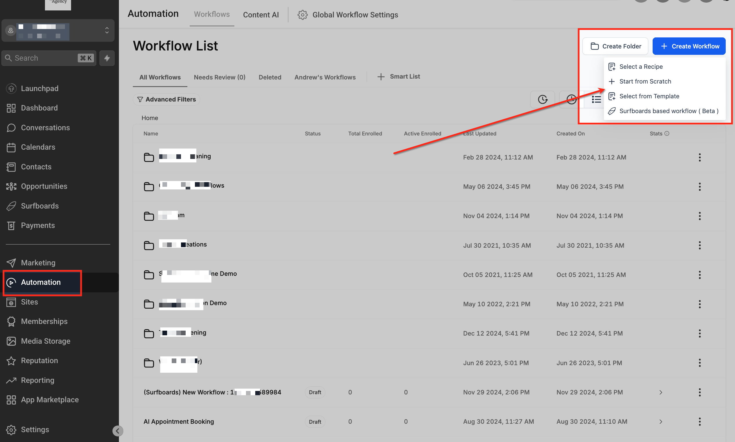 Accesso al Workflow Builder
