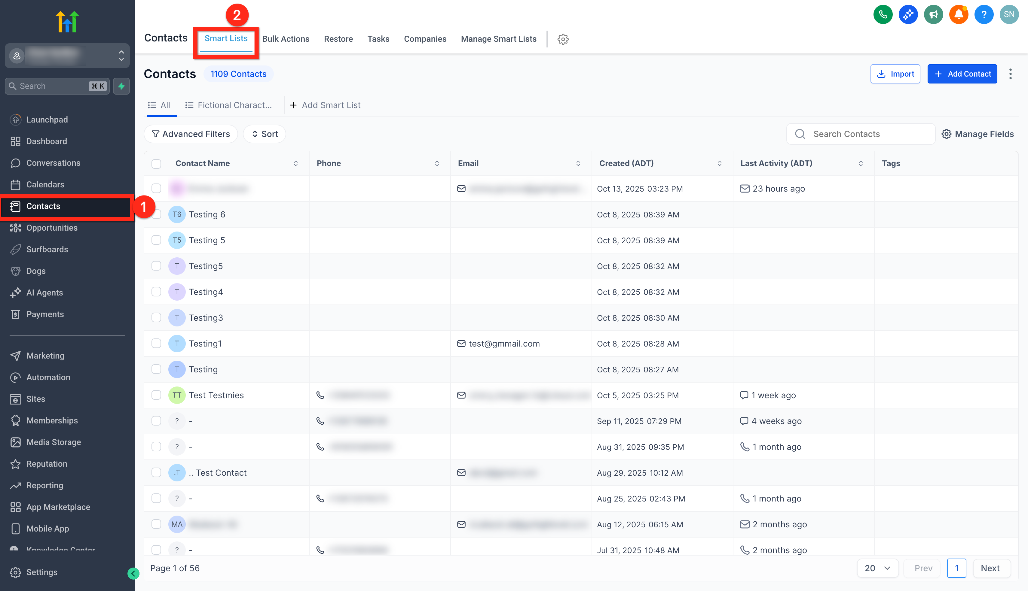 Pagina Contatti con Smart Lists