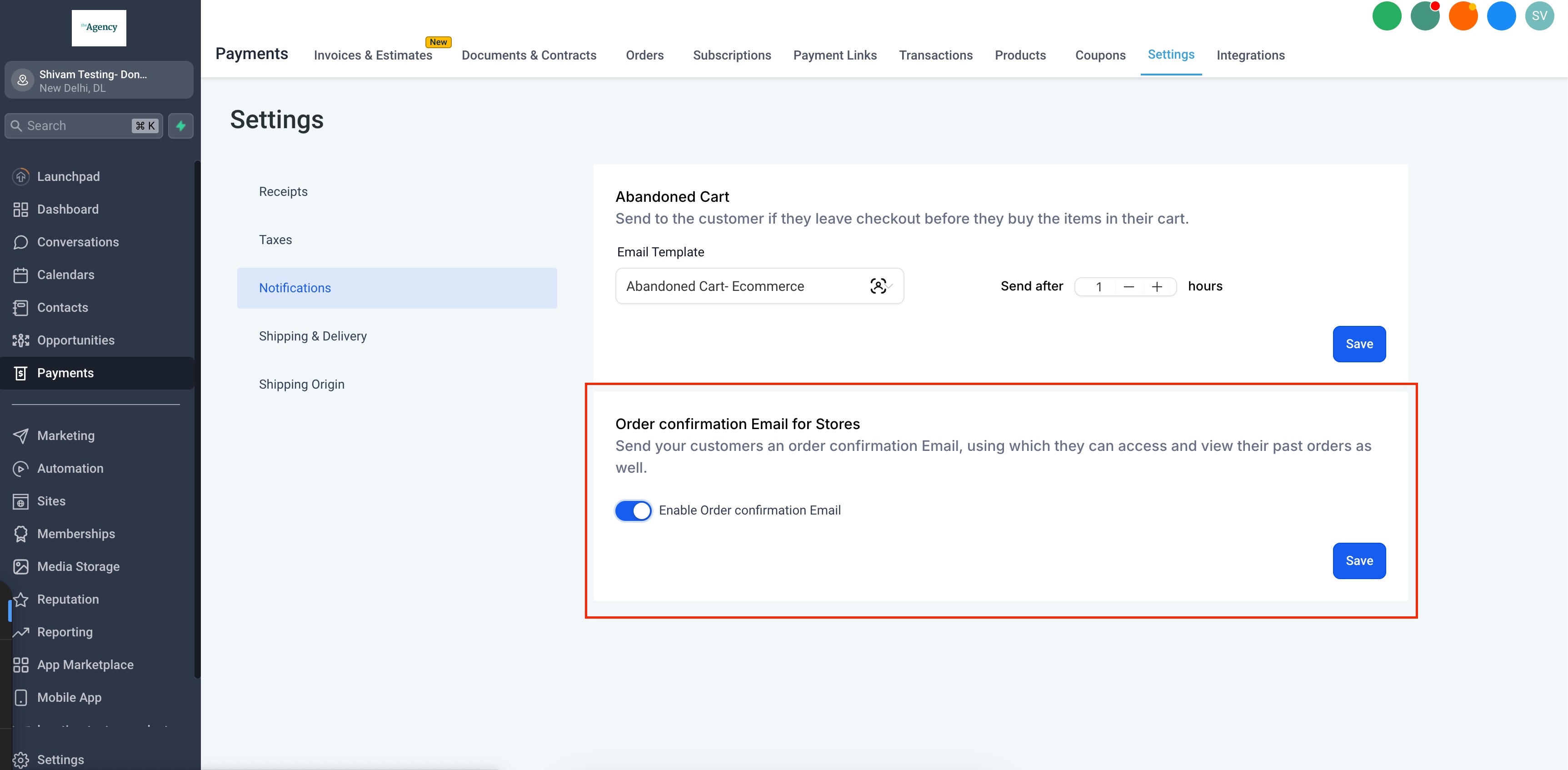 Screenshot impostazioni email di conferma ordine