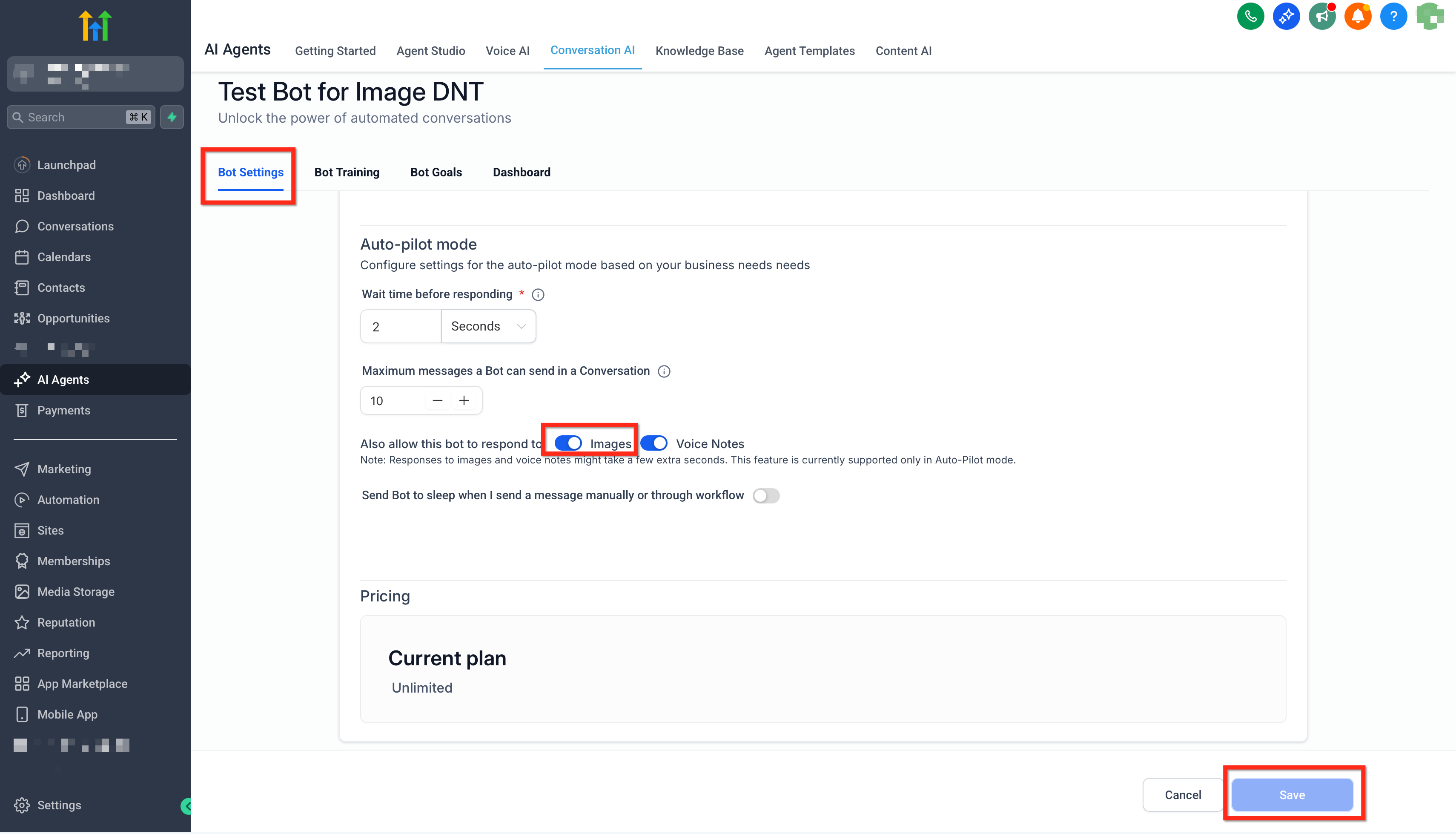 Menu a tre punti per modificare il bot